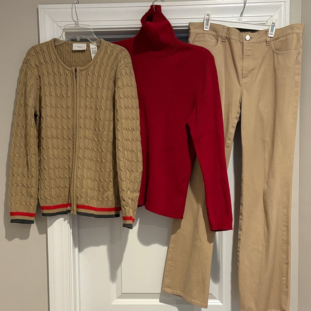 Chaps Tan Cardigan with Red and Gray Accents